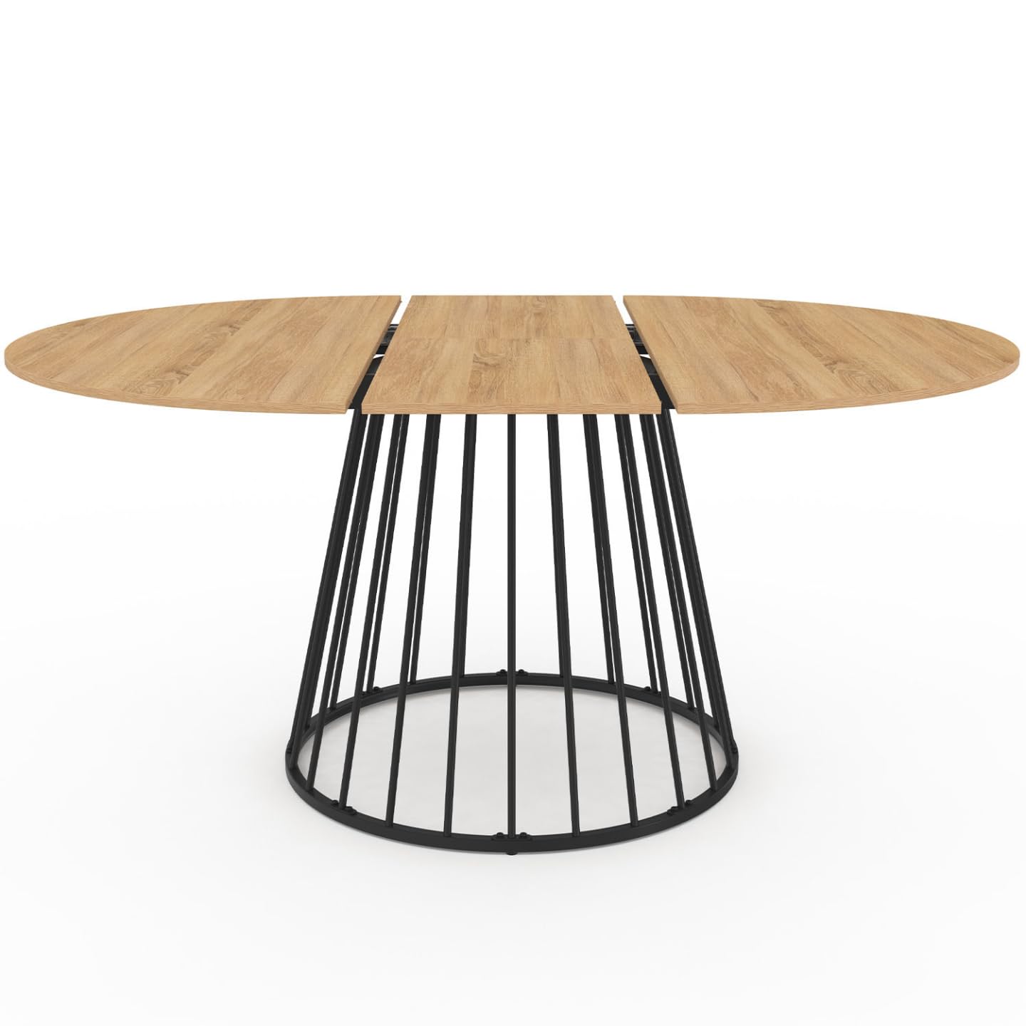 IDMarket - Tavolo da pranzo rotondo allungabile YUNA 4-8 persone con piano in legno e gamba in filo metallico nero 110-150 cm