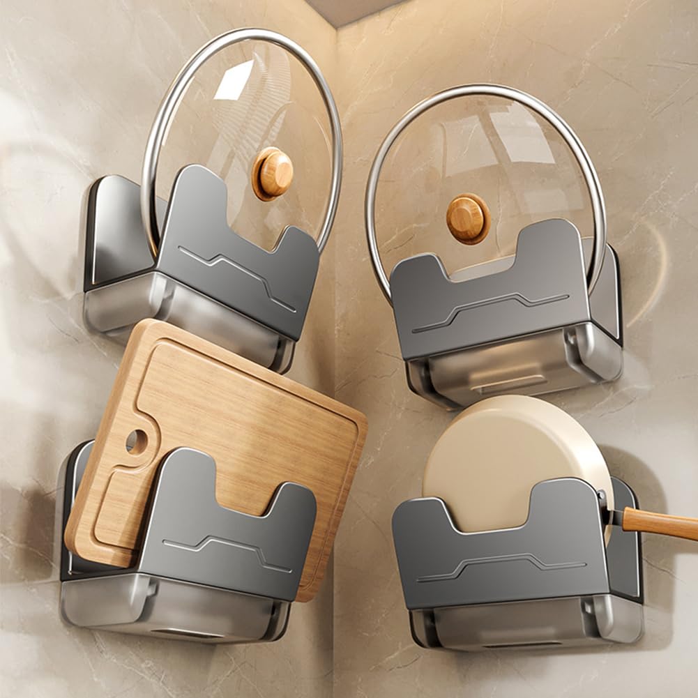 WAYUTO Wall Mounted Pot Lid Holder Self Adhesive Pot Lid Rack Punch-Free Cutting Board Holder Metal Pan Cover Rack with Drain Tray for Storage Home Cabinet Kitchen Cooking Utensil Tools Gray