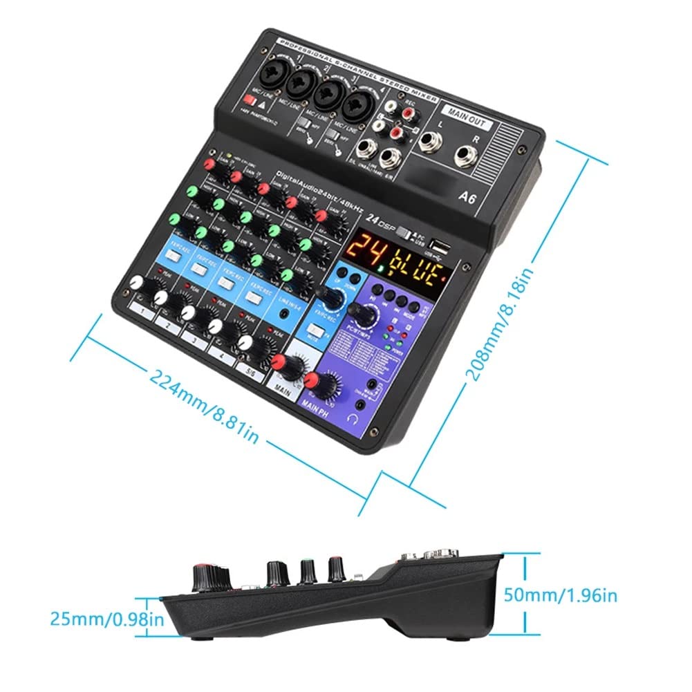 A6 6CH Protable Mini Mixer Audio Console con Scheda Audio Registrazione USB Canto Webcast Mixer Partito