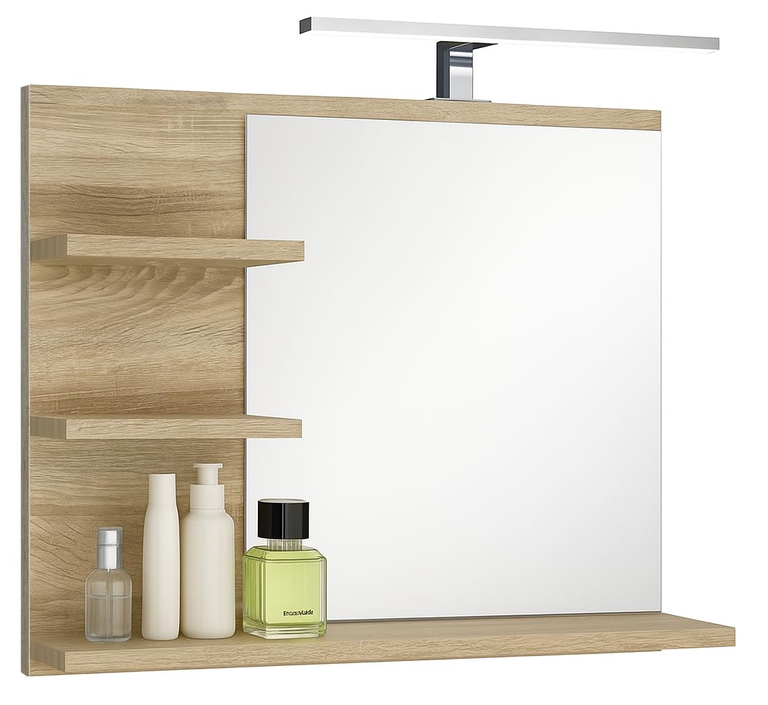 Specchio da bagno con 3 ripiani, sospeso, specchio per corridoio, camera da letto, bagno, Sonoma Oak 60X50 cm - LAMPADA LED - Sinistro
