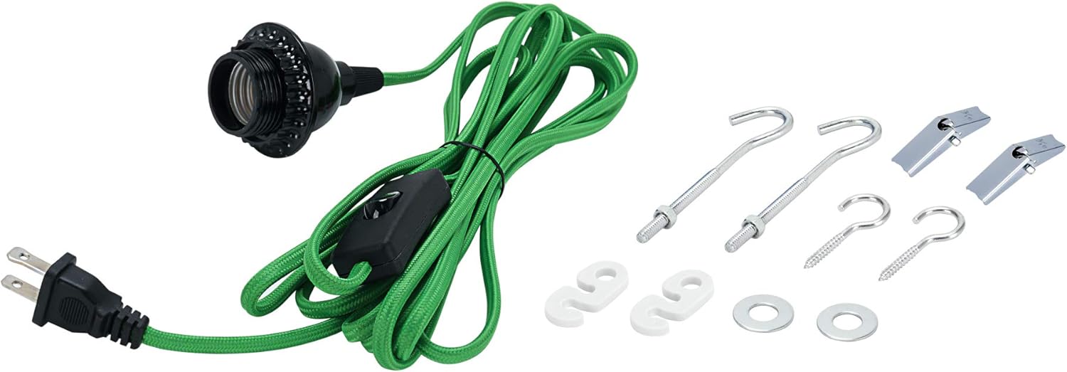 Aspen Creative 21027-21, One-Light Plug-in Vintage Style Hanging Socket Pendant Fixture with Black Socket and 15 feet of Apple Green Textile Cord and Rocker Switch