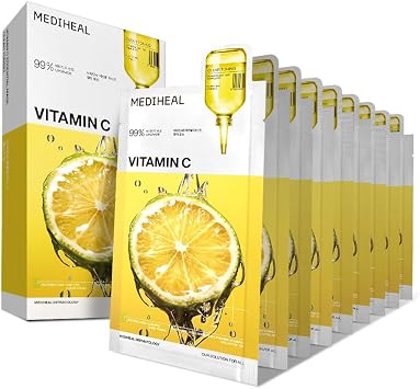 MEDIHEAL OFFICIAL Vitamin C Essential Mask, 10 Pieces, Vitamin C, Essential Mask, 10 Pieces, Dullness Care, Full of Beauty Serum, Moisture, Skin Care, Vitamin C Pack, Sheet Mask, Face Mask, Face Pack