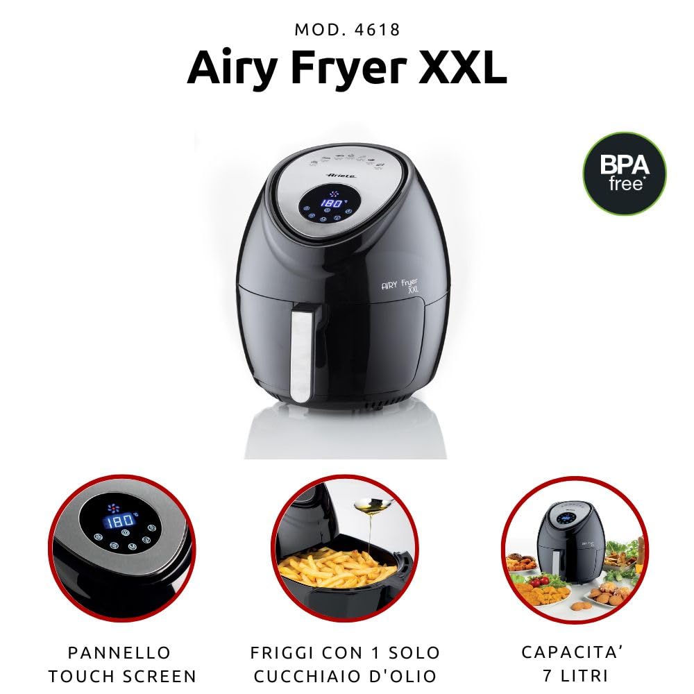 Ariete 4618 Airy Fryer XXL - Friggitrice ad Aria - Frigge 2,5 kg di Patatine Fritte - 5.5 Litri - Cottura Senza Olio e Grassi - 1800 Watt - Nero