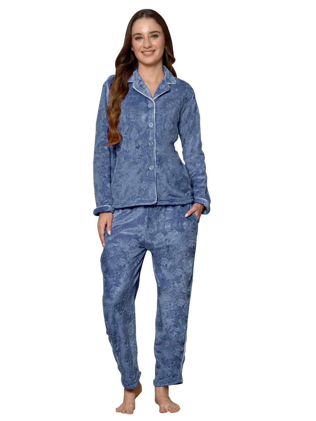 Women Ice Blue Geometric Woollen Embossed Lapel Collar Night Suit (FLWNS-1068-IBlue)-image-4