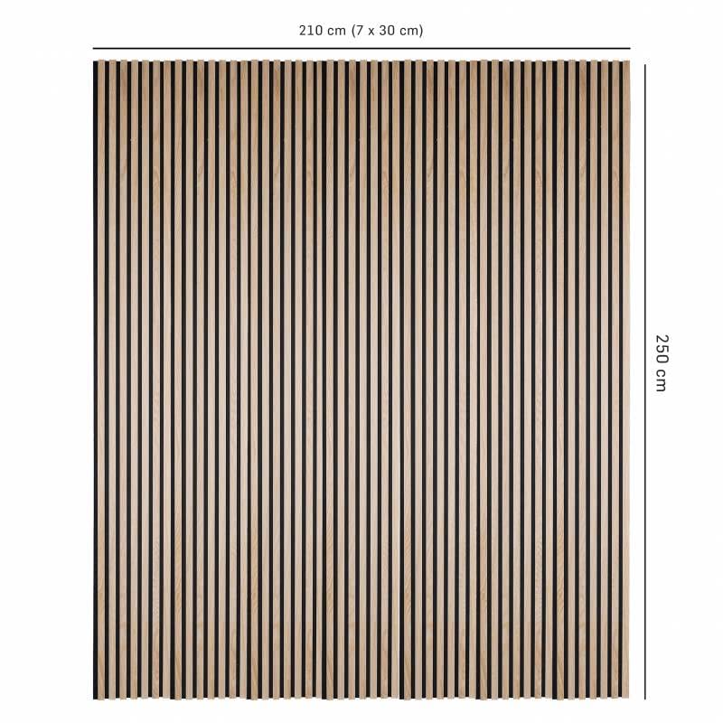 Lot de 7 Panneaux tasseaux bois 250 x 30 x 2 cm - décor chêne clair fond noir - 5,25m²