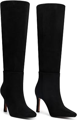 CELLENZ Womens Knee High Boots Fashion Stiletto Heels Boots - Heeled Wide Calf Tall Booties Women - Black Suede Leather Heeled Fall Boot Night Out Dancing Size 8