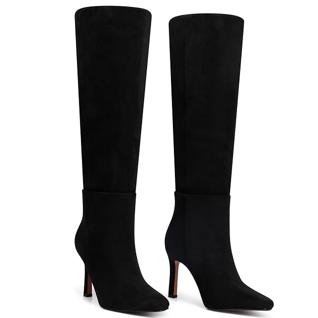 Womens Knee High Boots Fashion Stiletto Heels Boots - Heeled Wide Calf Tall Booties Women - Black Suede