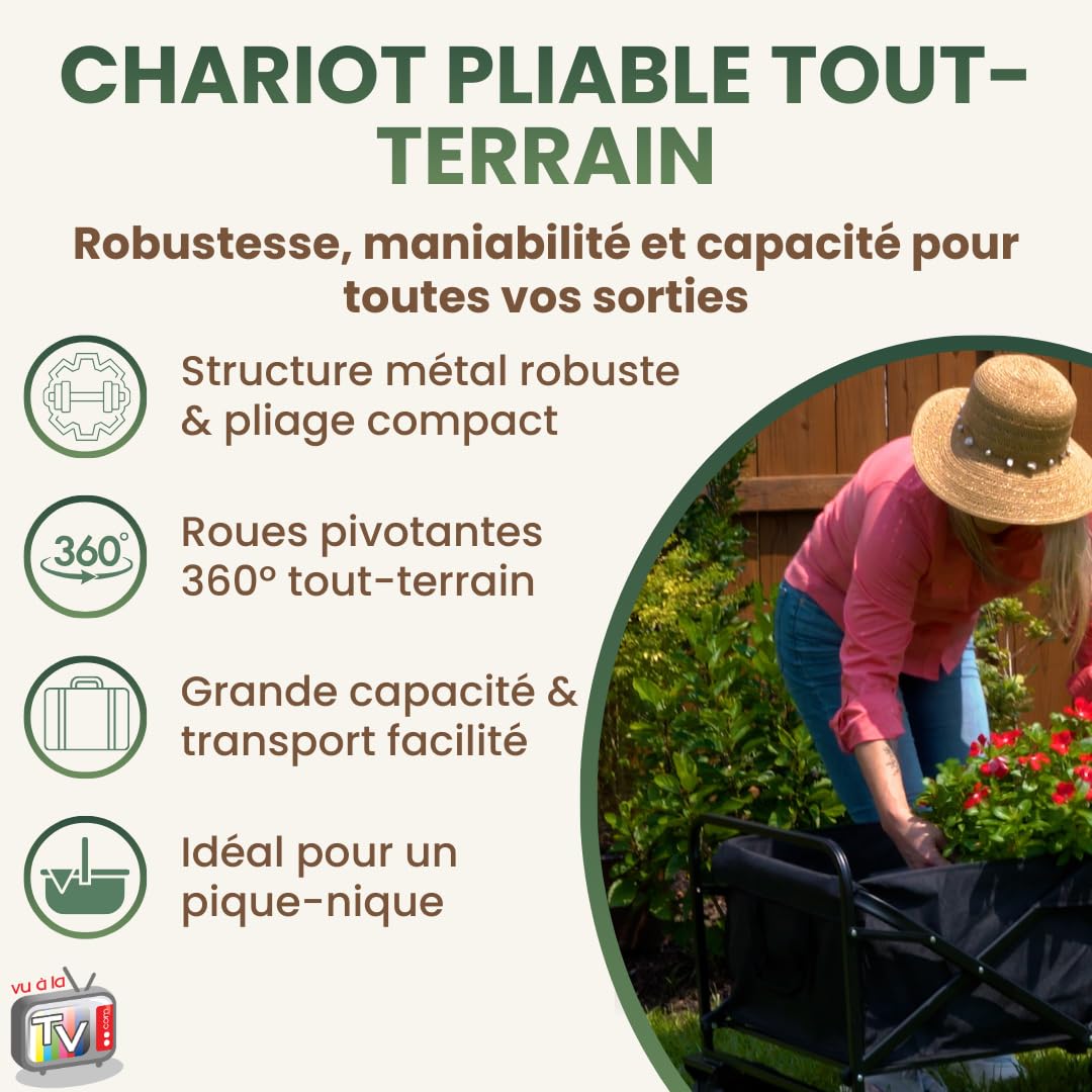 VENTEO - Chariot de Courses Pliable 150 kg Tout Terrain | Desserte à roulettes Métal avec Roues Pivotantes 360° | Solution Polyvalente en Complément d’Une Poussette Canne pour Jardin Plage Camping