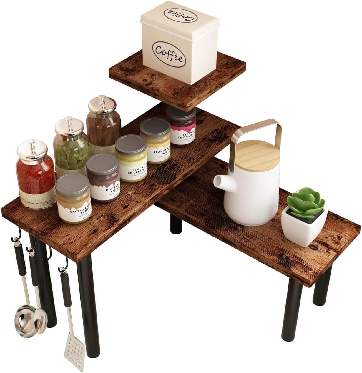 Homode Corner Shelves and Countertop Organizer Bundle, Kitchen Corner Shelf for Storage and Display, Wood and Metal Accent, Rustic Brown and Black image 3