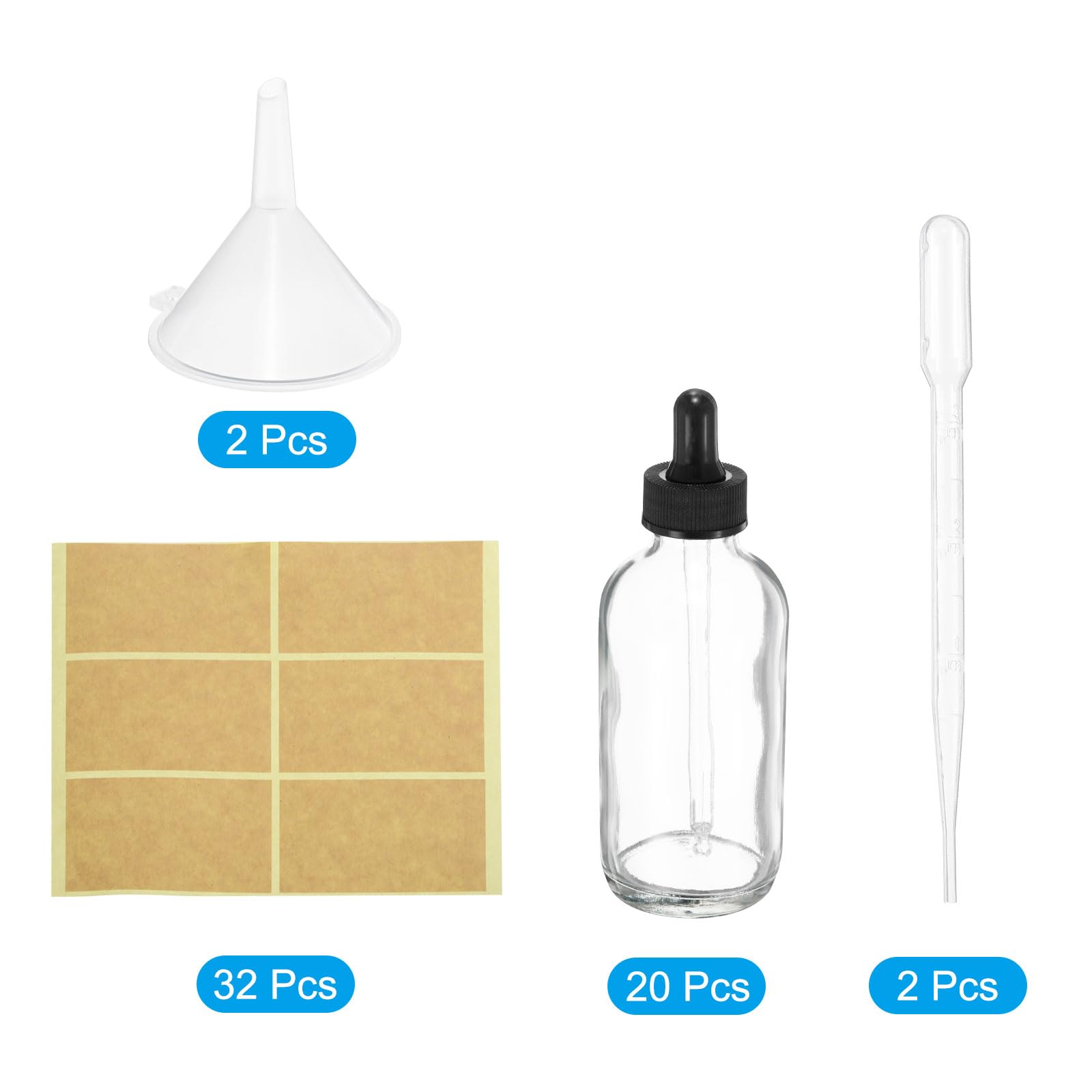 PATIKIL Frasco Gotero De Vidrio De 120ml, 20Pcs Recipiente Antifugas Para Muestras De Aceites Esenciales, Perfume Líquido Con Etiquetas, Embudo Para Almacenamiento Hogar Viaje.