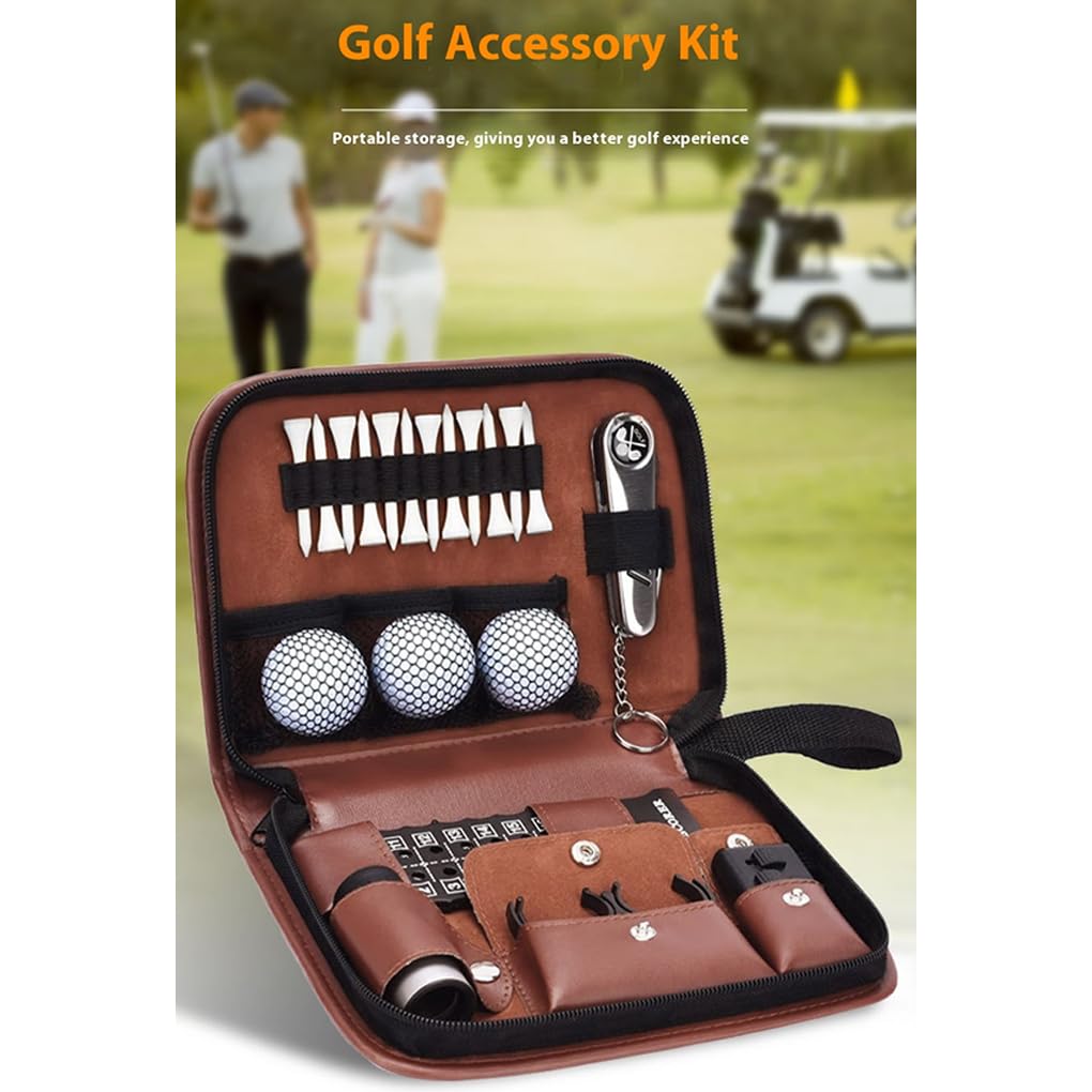 Golf Geschenkset für Männer, Organizer Tasche mit Golfbällen, Entfernungsmesser, Tees, Spikes, Klemme, PU Golf Zubehör Set, Vatertag