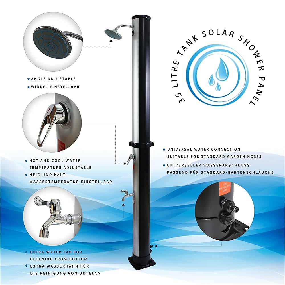 Melko Doccia solare da giardino, 35 litri, altezza 218 cm, colore nero