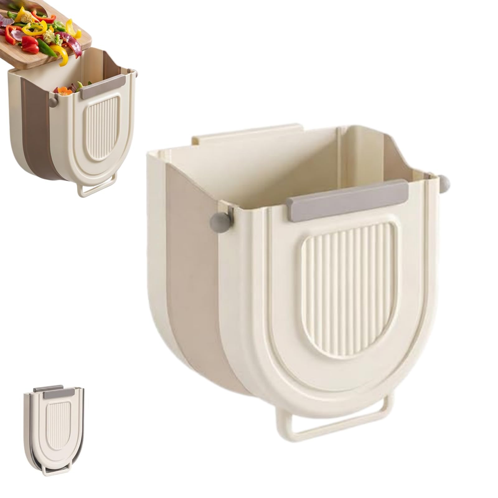 Ozarmne Multipurpose Hanging Collapsible Trash Can for Kitchen, 2026 New Hanging Collapsible Trash Can for Peels Waste & Recycling, Creative Wall Mounted Folding Waste Bin (Beige, Large)