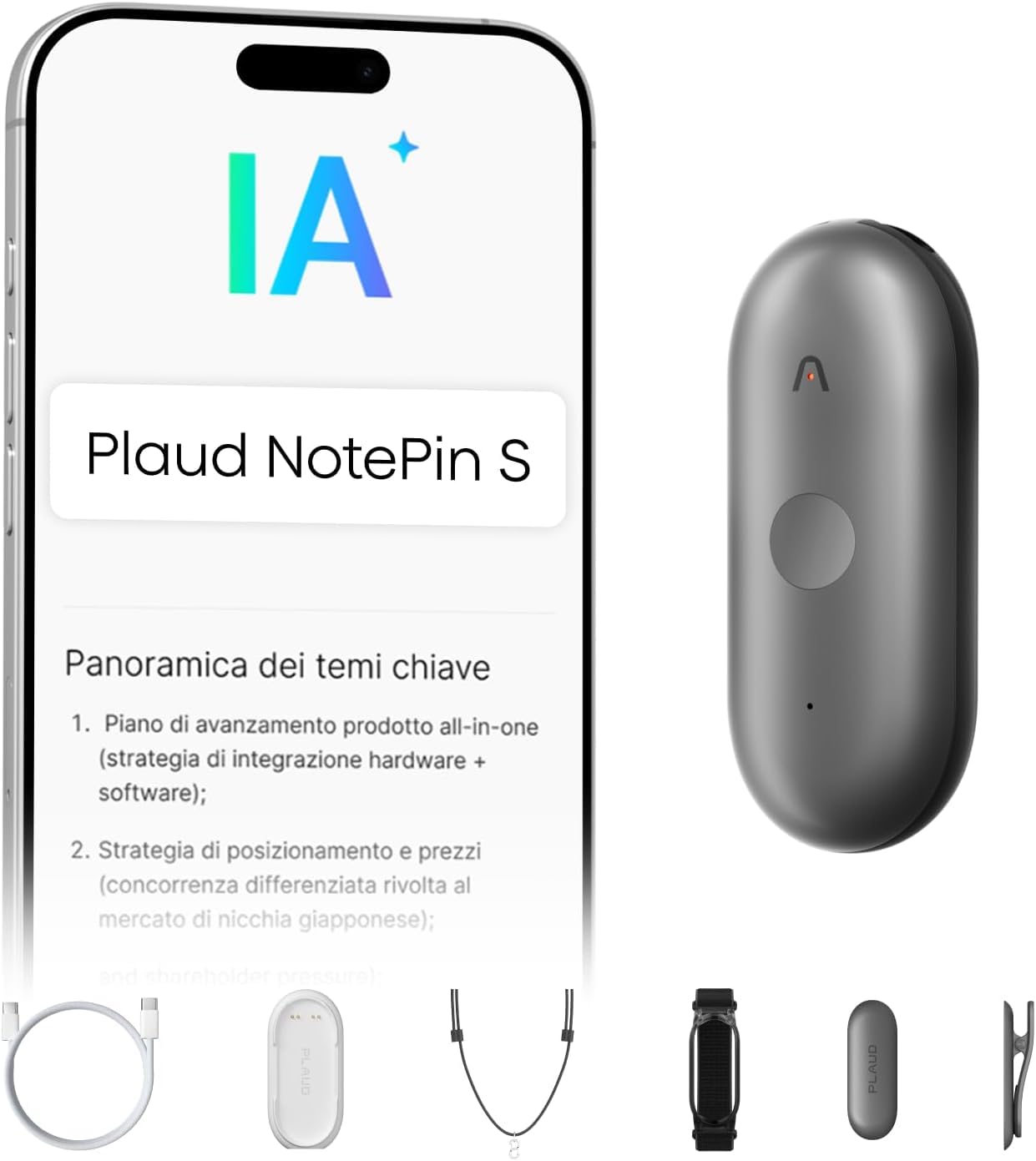 Plaud NotePin S Registratore Vocale AI Pulsante di Registrazione Tattile Audio Digitale Trascrizione Riepilogo Appunti Per Professionisti Riunioni Lezioni con 4 Accessori, Team Plan, Grigio