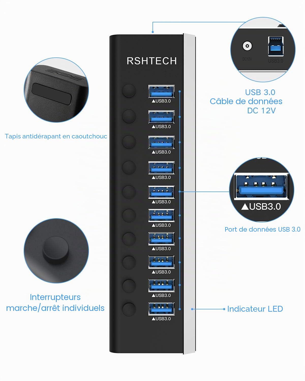 RSHTECH 36W Hub USB 3.0 Alimenté à 10 Ports Aluminium Multiprise USB Hub avec 12V / 3A Alimentation Externe Multi Port Hub avec Commutateurs Individuels et Indicateur LED (RSH-A10)