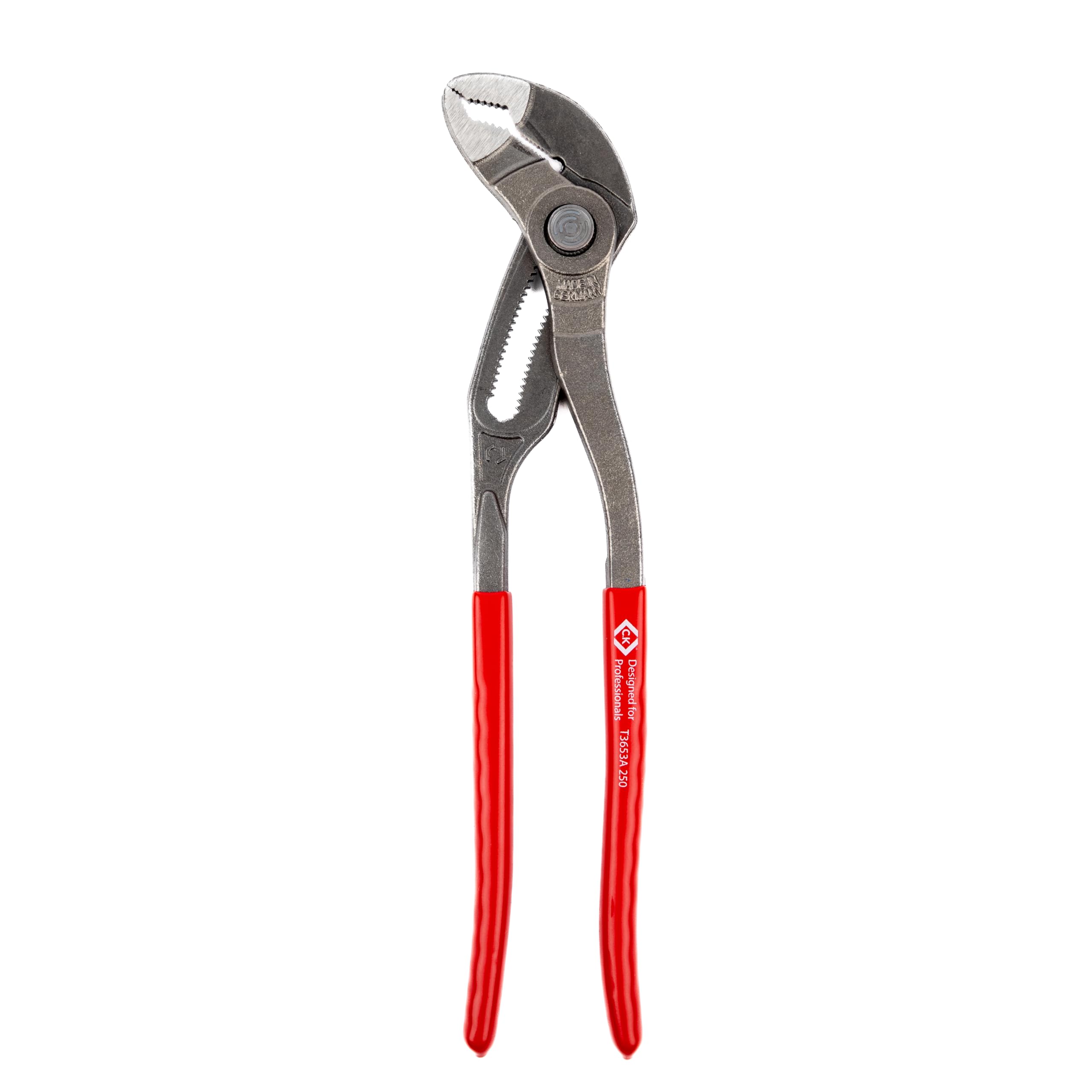 C.K Tools - Alicates de bomba de agua con botón, mandíbula delgada de 250 mm, empuñaduras de fontanería ajustables para tuberías, grifos y accesorios, capacidad de 50 mm, junta de caja, acero al cromo