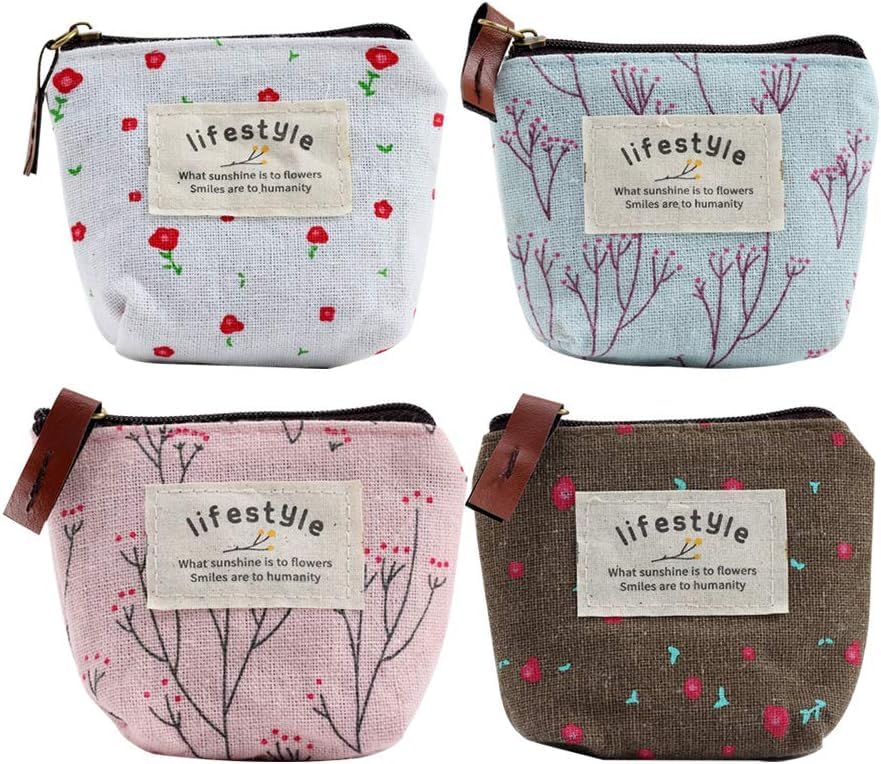 4Pcs Colour Coin Purse, Mini Canvas Change Purse Coin Pouch with Flower Pattern, Portable Purse Holder Girls with Zipper for Cash, Coin, Keys, Credit Card, ID Card Wallets and Money Organizers