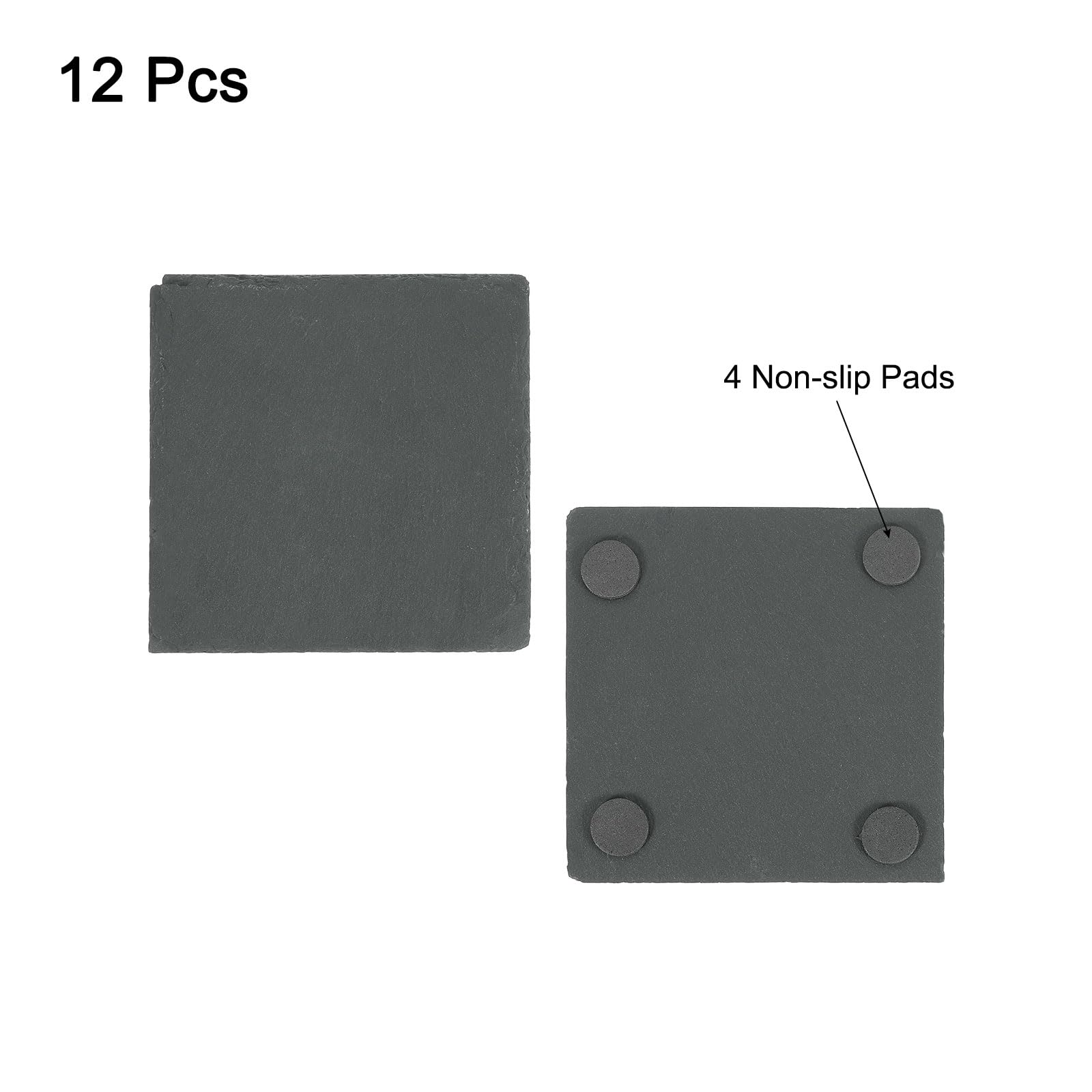 QUARKZMAN Posavasos de Pizarra, 12 PCS 4 x 4 Pulgadas - Posavasos Cuadrados de Piedra para Grabar Hechos a Mano con Base Antideslizante para Bebidas Café Bar Decoración del Hogar (Negro)
