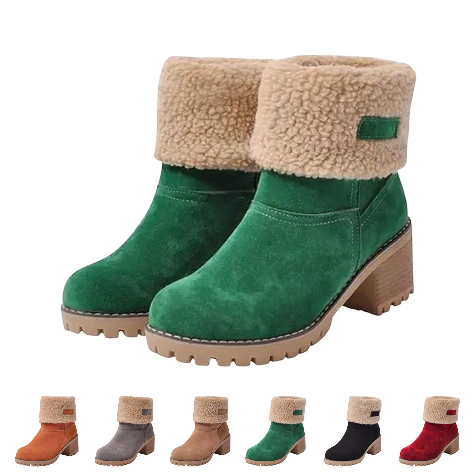 Winter Boots for Women Chunky Mid Heel Round Toe Fleece Lined Mid Calf Booties Comfortable Slip On Chunky