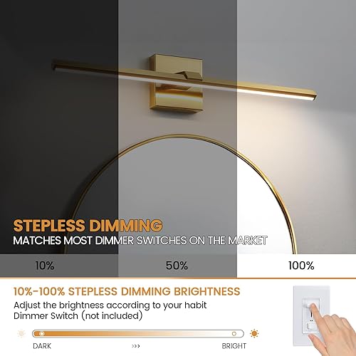 Miniatura 6 de Lámparas de baño doradas sobre espejo de 24 pulgadas 5CCT modernas luces LED de tocador para baño con iluminación blanca cálida de 18 W, apliques de