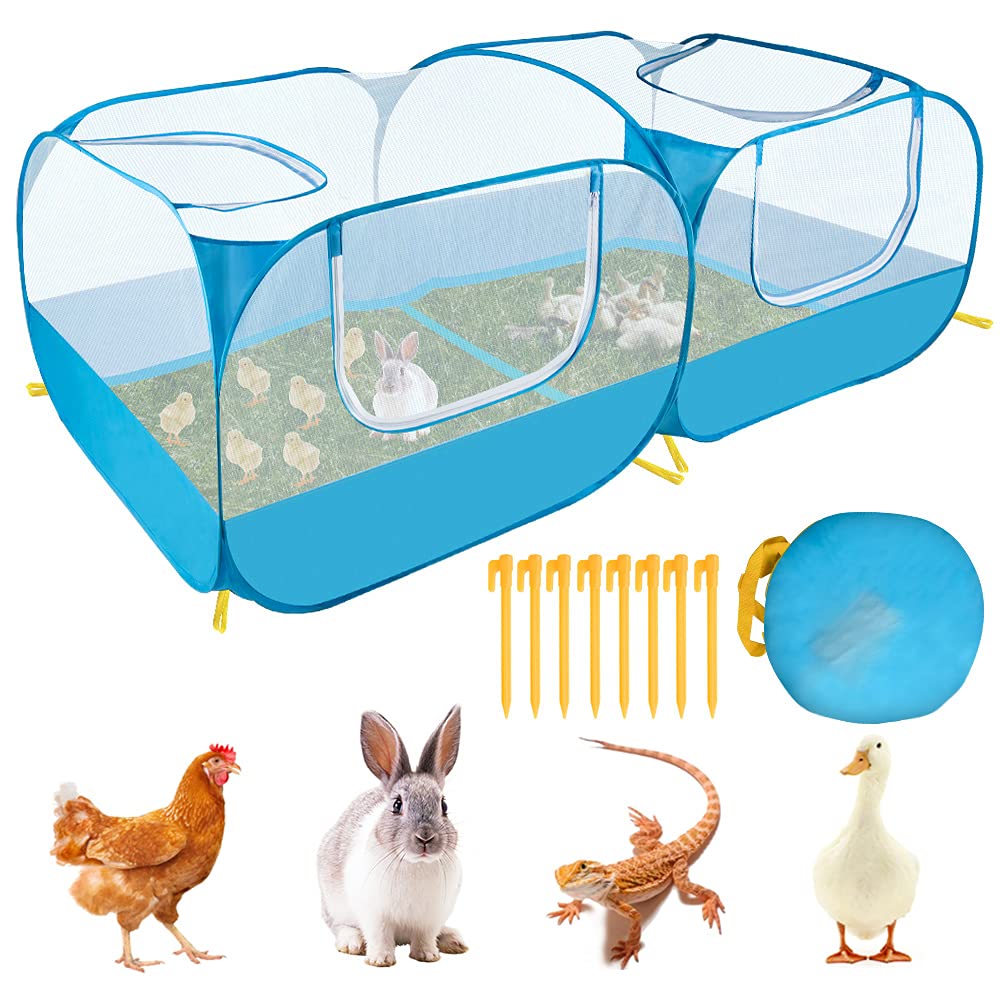 SlowTon Small Animals Playpen, Portable Large Chicken Run Coop with Breathable Transparent Mesh Walls Foldable Pet Cage Tent with 4 Zipper Doors for Puppy Rabbits Outdoor Yard (No Bottom)