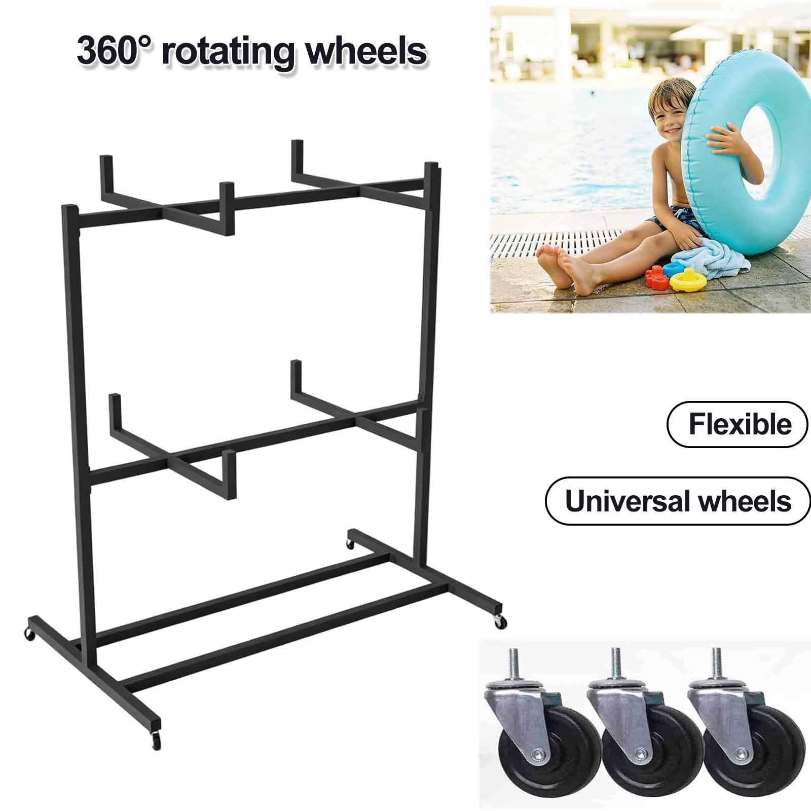 Supporto a 2 livelli per galleggianti da piscina, organizer esterno per bordo piscina, organizer con ruote e barra trasversale, adatto per attrezzature e accessori nuoto