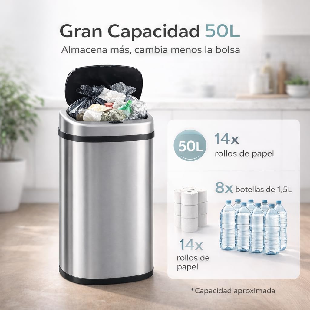 Cubo de Basura Automatico Cocina con Sensor de Movimiento Inteligente Sin Contacto | 50 litros Acero INOX Tapa Automática Carga con Pilas o Batería. Diseño moderno para hogar oficina y reciclaje