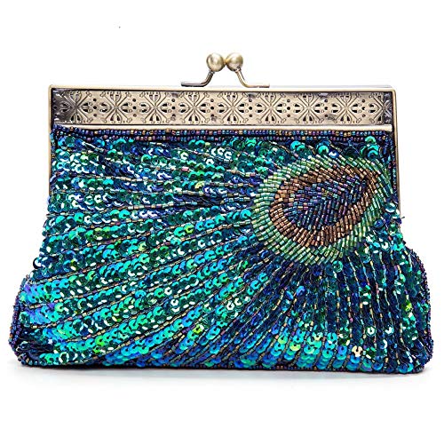 KISSCHIC Vintage Beaded Sequin Peacock Clutch Purse Evening Bags (Blue)