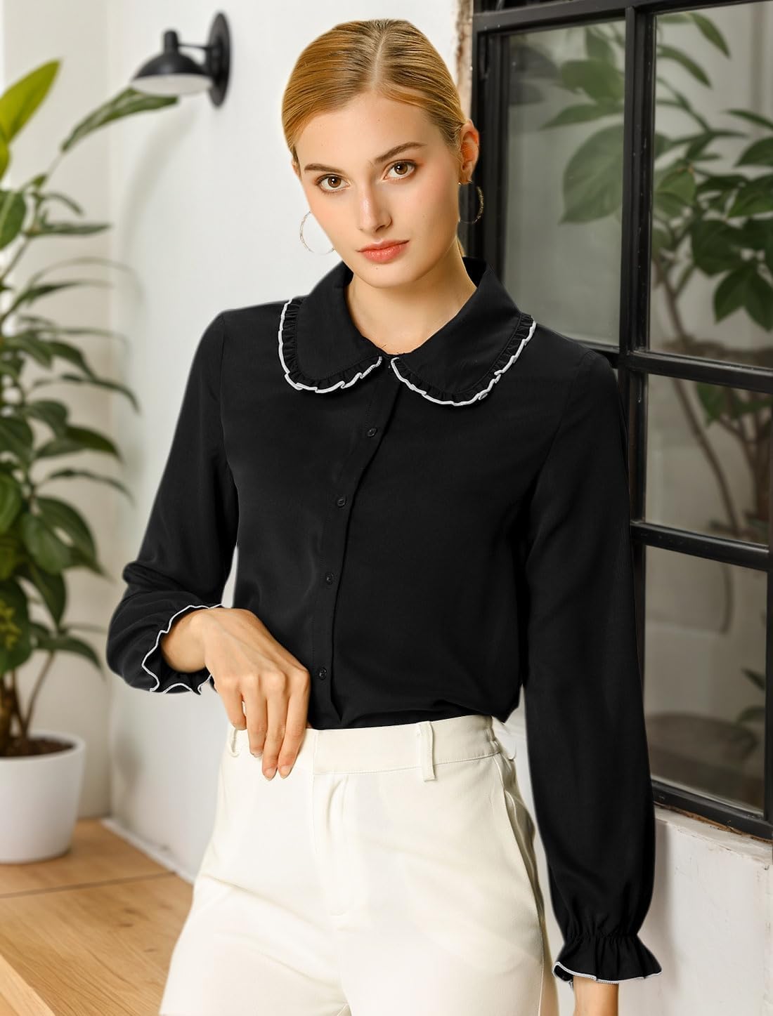 Allegra K Women's Long Sleeve Blouse Peter Pan Collar Shirt Button Down Work Business Casual Blouses 2025 - Image 3