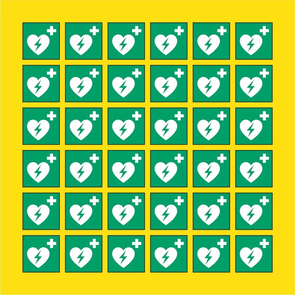 PACCO DA 6 KIT DI 6 ADESIVI QUADRATI - Defibrillatore automatico esterno - Pittogramma ISO 7010 Con Stampa Diretta U.V. (30 cm)
