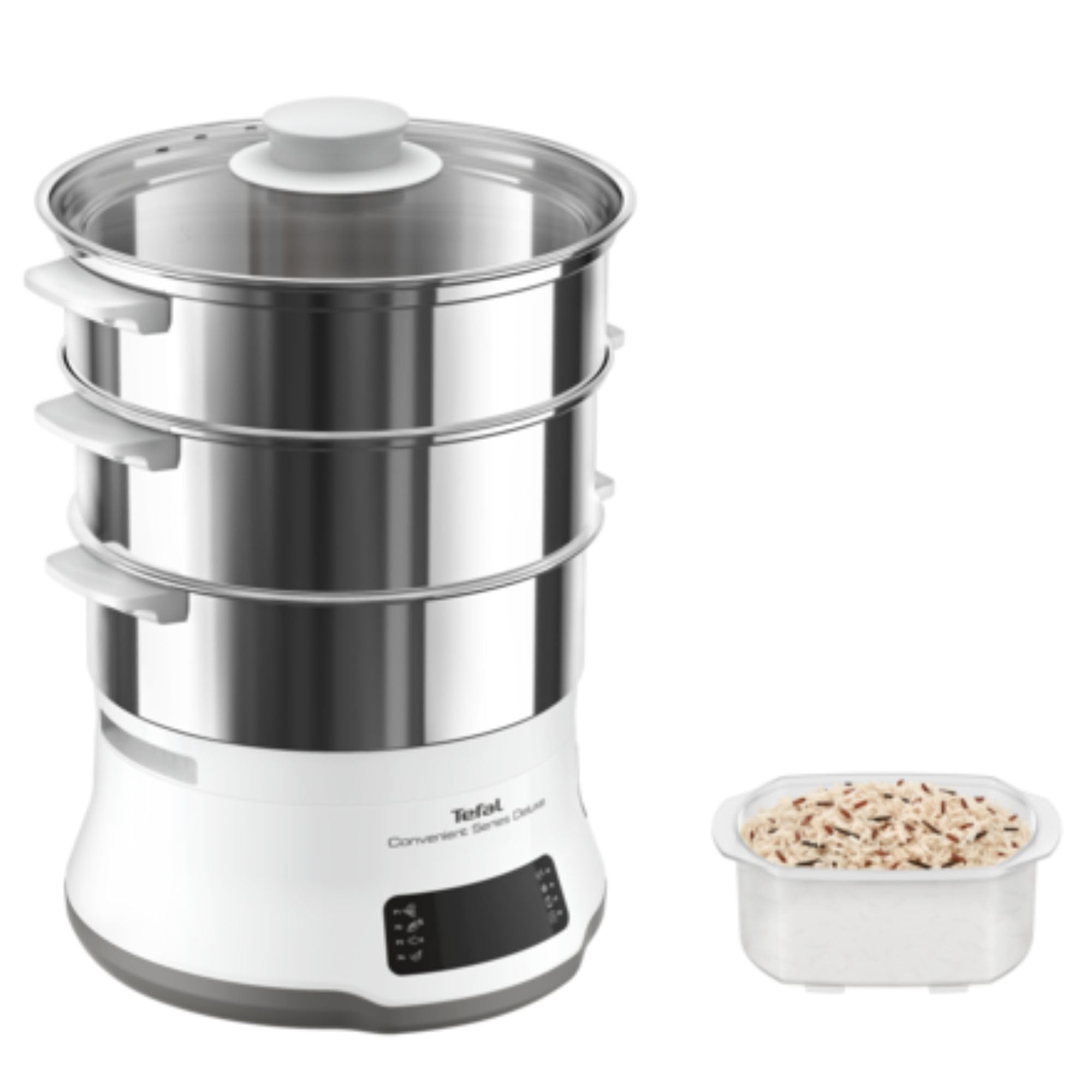 Tefal Vaporera eléctrica Convenient Series Deluxe VC502D - Vaporera cocina vapor de 900 W, 8 programa de cocción, bol acero inoxidable, hasta 3 platos a la vez, panel de control táctil, fácil limpieza