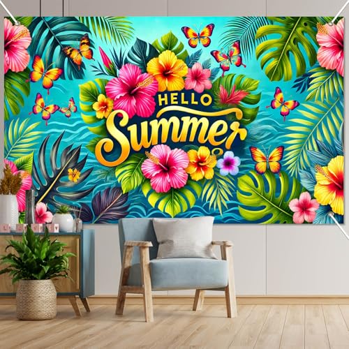 Image of HOMETITUTE Hello Summer Banner 71 x 43 inch Summer Hawaiian Party Decorations Flower Butterfly Summer Outdoor Decorations Supplies Backdrop Tropical Beach Hawaiian Party Themed Photo Booth Props