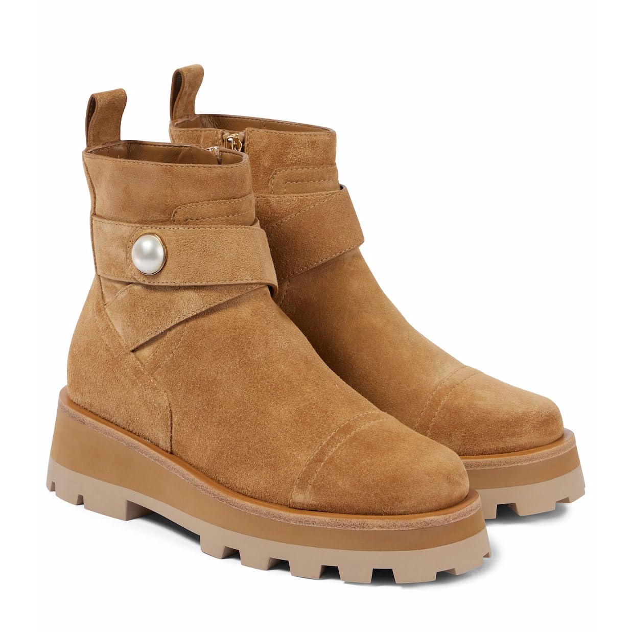 Suede Ankle Boots For Women Platform Pearl Combat Short Boots With Zipper Round Toe Chunky Heel Booties Fashion