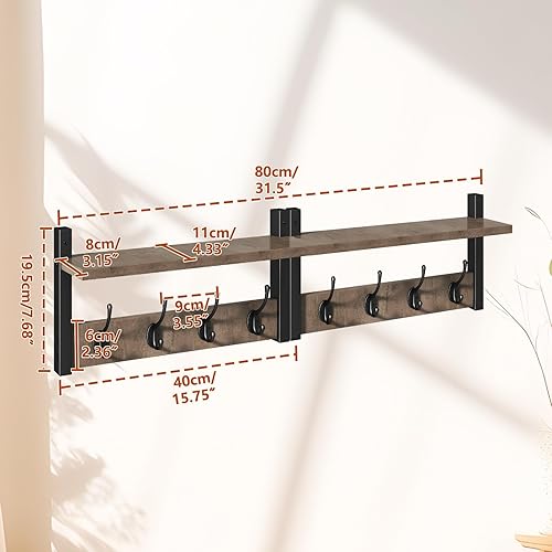 Miniatura 4 de YMYNY Estante Perchero montado en la pared, juego de 2 ganchos para abrigos, perchero de entrada con 8 ganchos, estante flotante de pared de 31.5