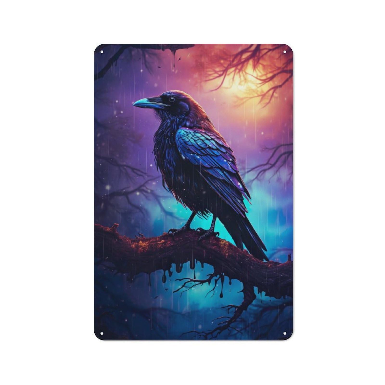 Decorative Metal Plaque with Epic Rainy Crow Design 30x20cm, Casual Utility Space Decor for Patio Bar, Workshop, Shed Or Kitchen