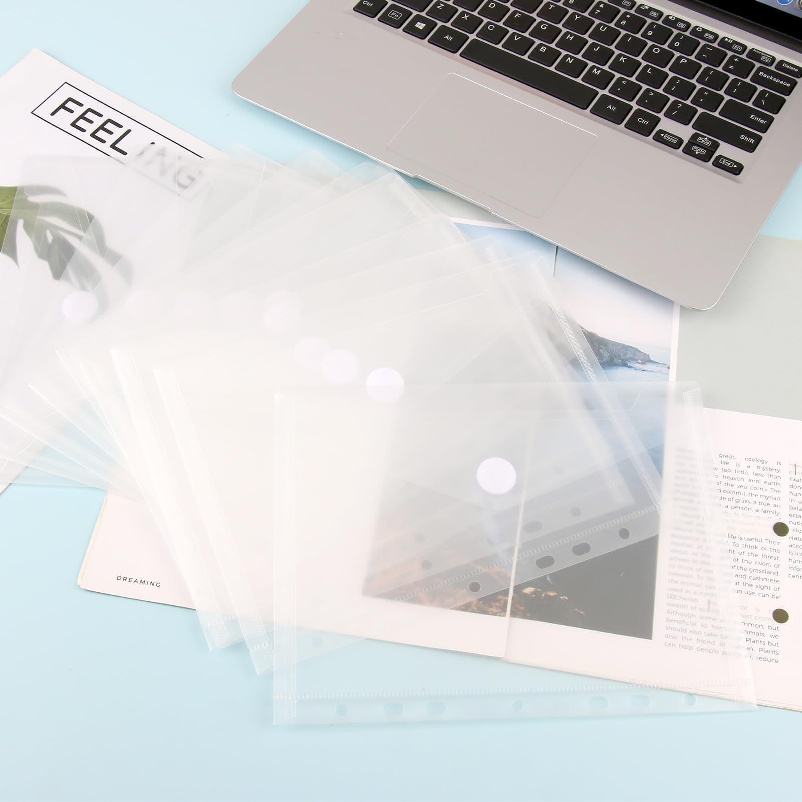 Pack 10 Sobres Archivador a5 con Botón Carpetas Plastico Transparente Bolsa Archivadoras Portafolios Fundas Plásticas 230×180mm Organización de Impermeable Folders para Oficina Escolar (7 Anillas)