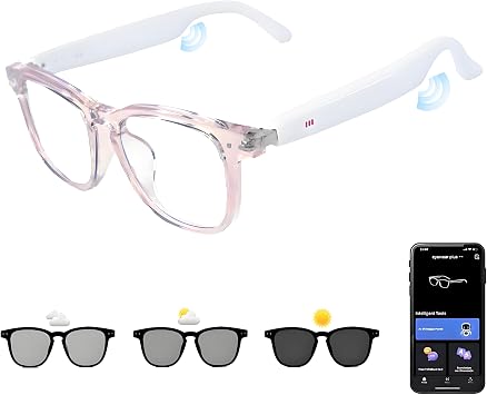 AI Smart Glasses, Anti Blue Light Bluetooth Translation Glasses with 164 Hands-Free Calls & Audio Multifunctional Smart Sunglasses for Men Women Travel Trade Business KL01-White-Color-Change-Lens