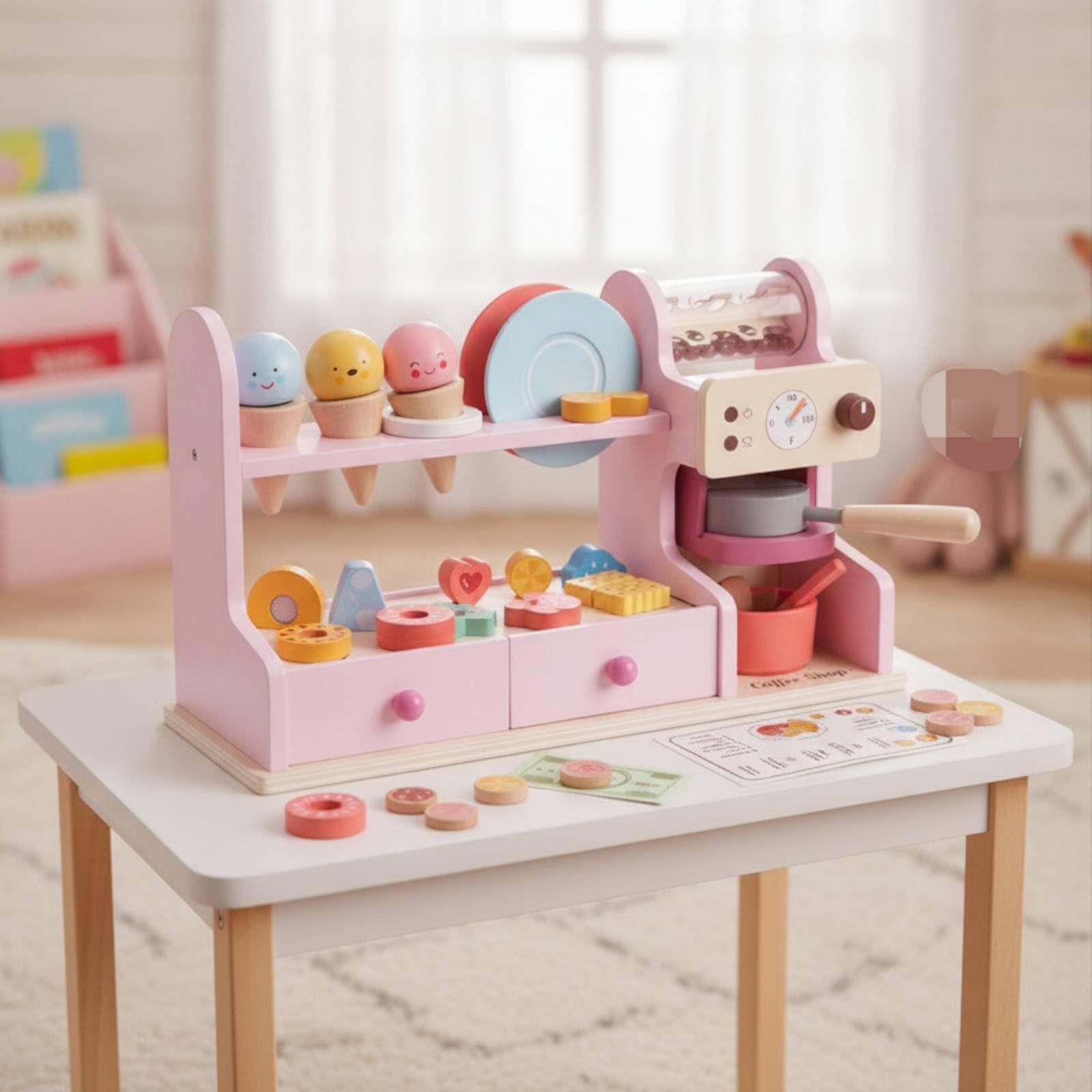 Colcolo Kinder Spielküche Holz Spielset Küche Marktstand Theke Kaffee Bereich Zubehör EIS Dessert Tassen Karten Rollenspiel , Koreanischer Eiscreme-Kaffeeladen Blau Für Jungen