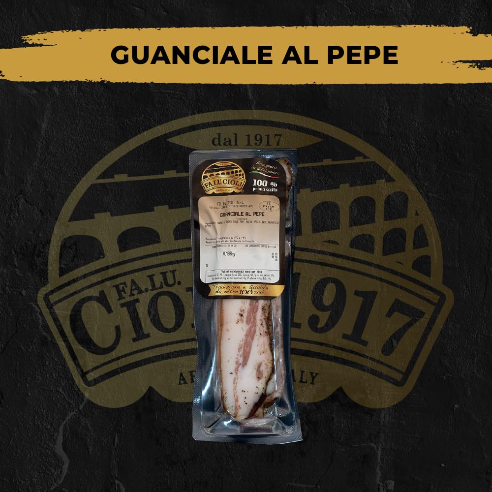 FA.LU.CIOLI Guanciale di Maiale con Pepe - Made in Italy IGP - Sottovuoto - Salumi Artigianali Italiani Senza Lattosio e Gluten Free - Tradizione e Qualità da Oltre 100 Anni - 1kg