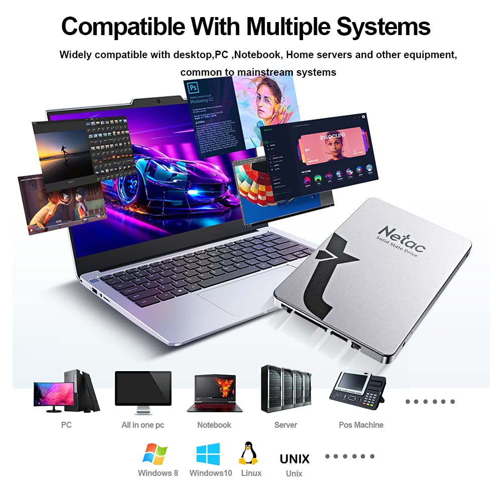 Netac Disco rigido SSD 1 TB, SSD SATAIII da 2,5 '', SSD interno per laptop, velocità di aggiornamento del gioco, grigio argento