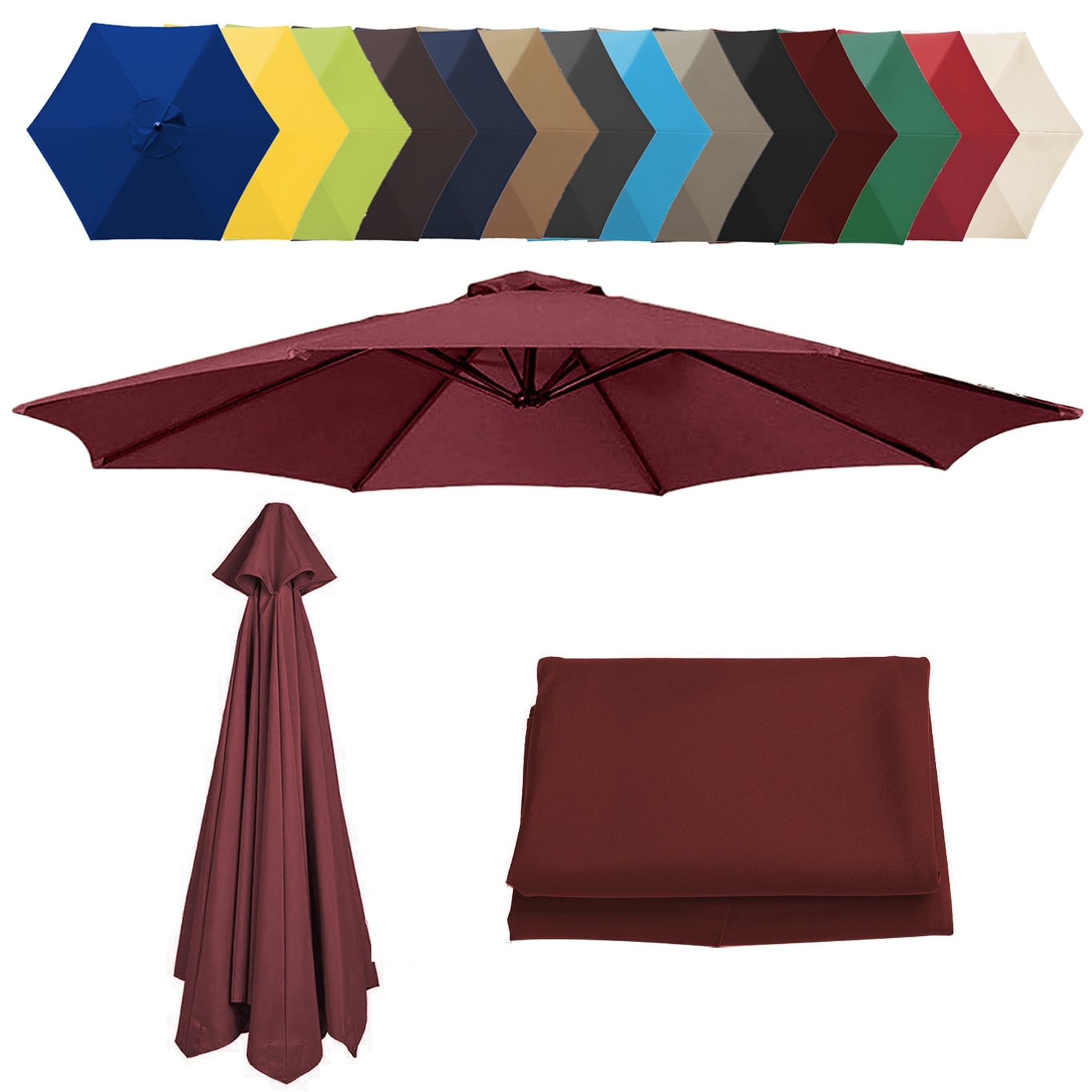 6.5'/8.8'/9.8'(200cm/2.7m/300cm) Replacement Parasol Fabric Cover, 6 8 Ribs Anti-Ultraviolet Patio Umbrella Replacement Cloth, Garden Parasol Umbrella UV50+ Polyester Canopy(Color:Burgundy,Size:6 ribs