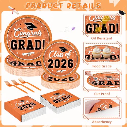 Image of QZYL 50 Set Graduation Supplies 2026, Orange Graduation Plates and Napkins, Disposable Dessert Plates and Plastic Forks, 200Pcs Grad Party Tableware for Wedding, Birthday, Graduation