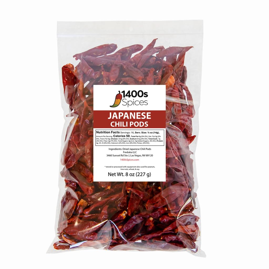 8oz Japones Dried Whole Chile Peppers, Japanese Red Pepper, Chili Seco Pods for Authentic Mexican Food, Heat-Sealed Resealable Bag by 1400s Spices
