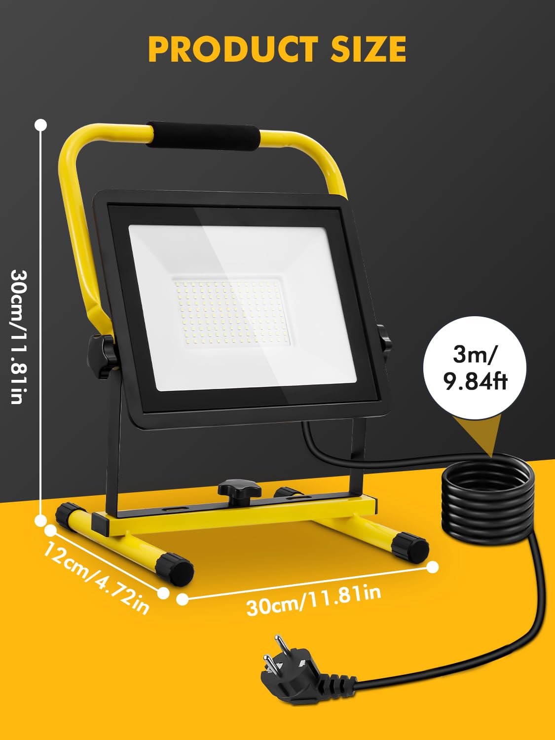 Foco de Trabajo LED 100W,10000LM Foco LED Portátil con Enchufe & Cable de 9.84FT,6500K Blanco Giratorio 360º Frio Luz de Trabajo LED,IP66 Impermeable Foco LED Exterior para Obras, Jardines