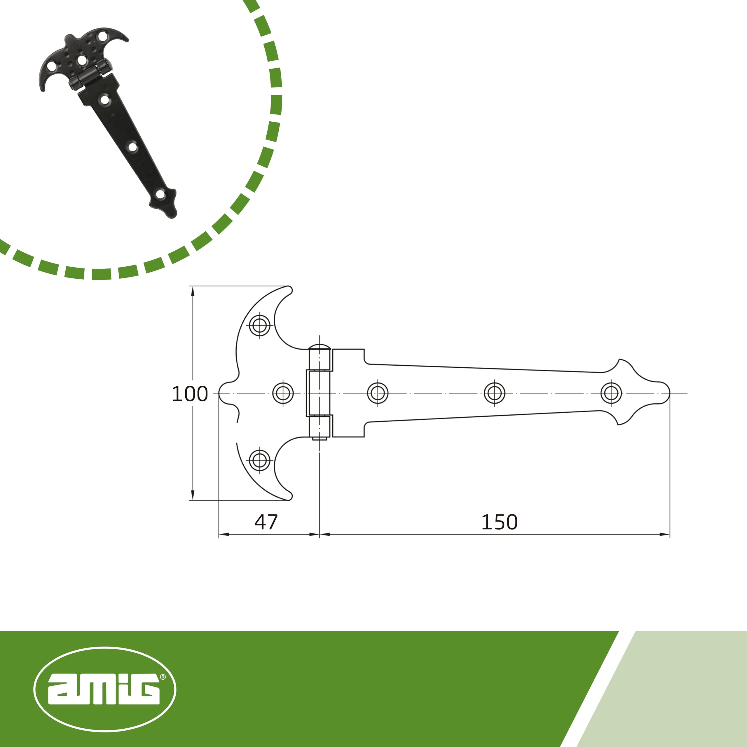 Amig - Charnière Renforcée | Deux Palmes | Noir | Acier Poinçonné | Style: Rustique | Forge pour Portes Battantes Lisses | Entrée et Passage Extérieurs et Intérieurs, et Armoires | Dimensions: 150 mm