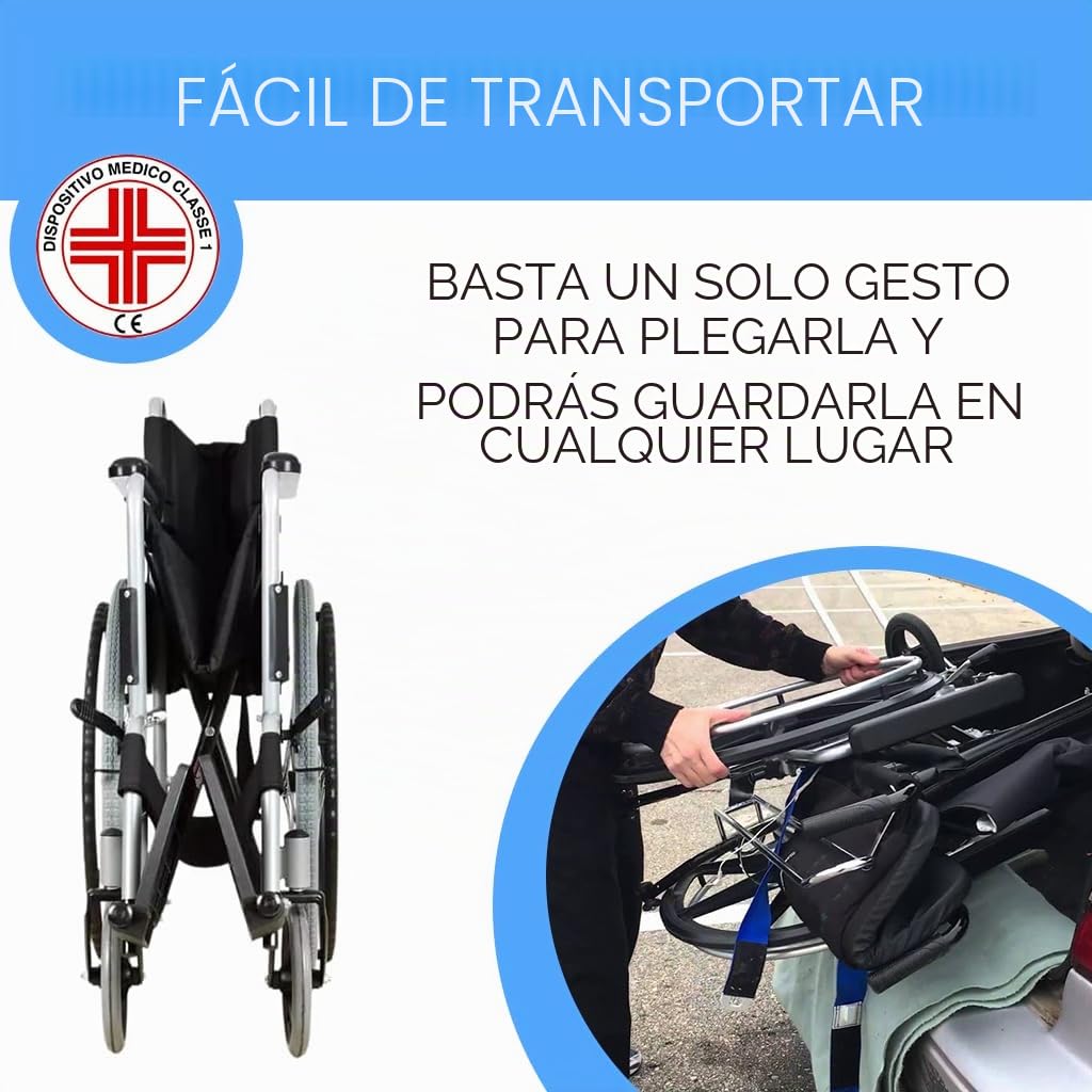 Silla de ruedas Ortopédico Plegable, Ligera, Alcázar, Autopropulsable, Freno de Estacionamiento, Asiento 46cm, Reposapiés plegables, Acolchado y Profesional
