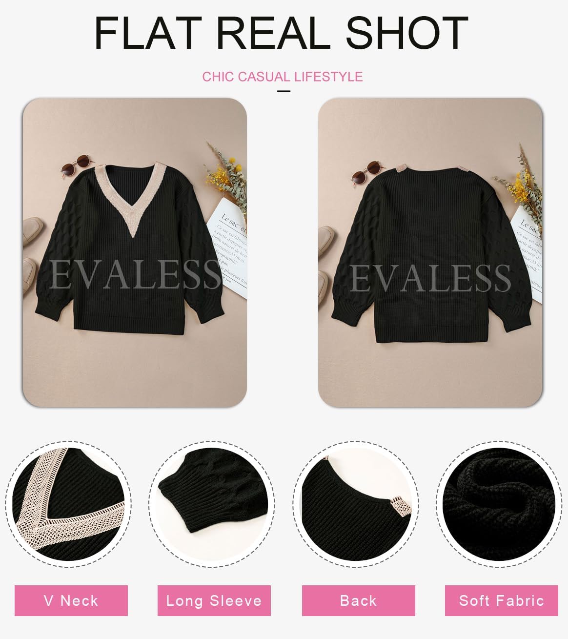 EVALESS Womens Long Sleeve Sweaters Fall 2024 Trendy Sexy Lace V Neck Knit Drop Shoulder Pullover Sweater Jumper Tops - Image 5