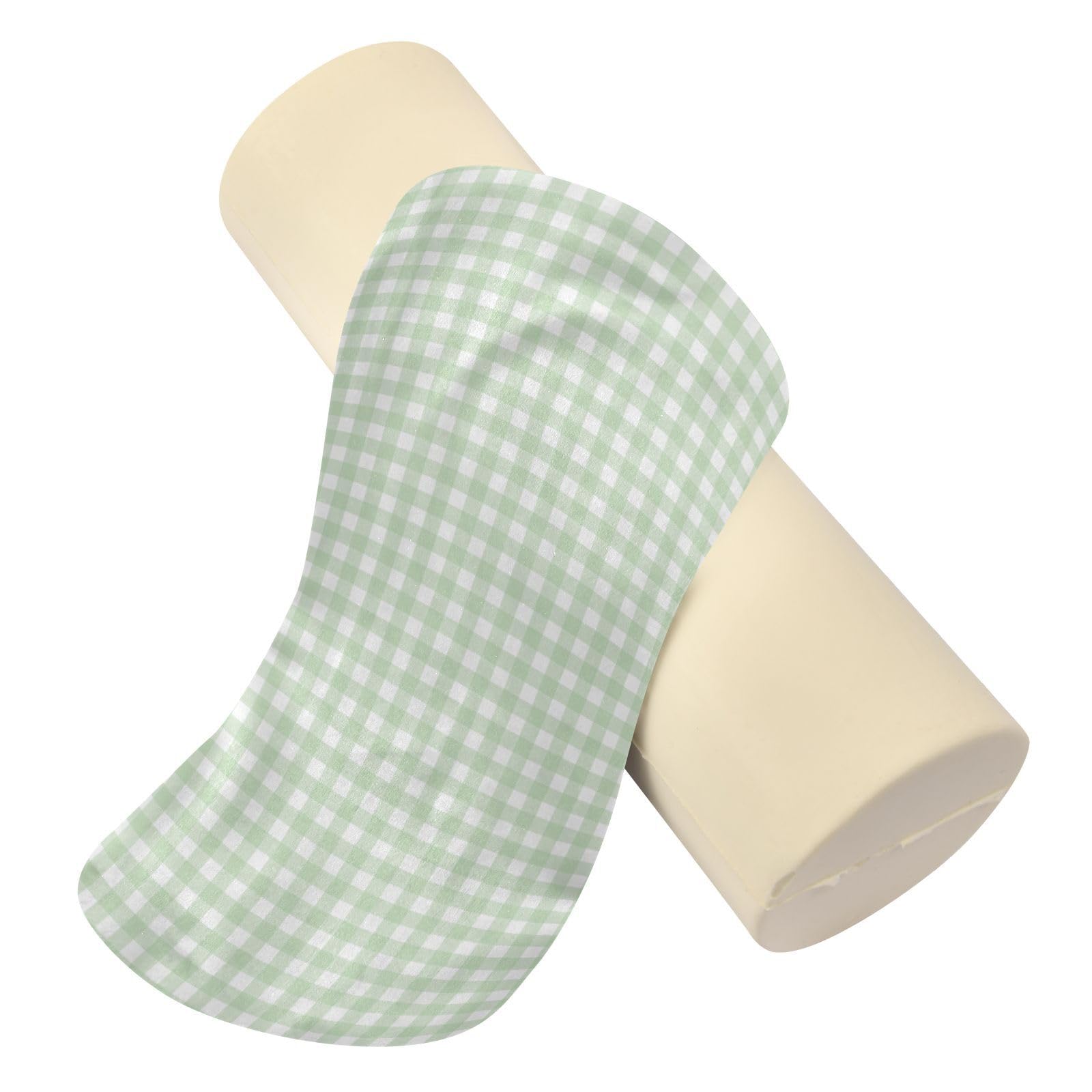 Jihqo Round Pillow with Cover Green Gingham Checkered Neck Roll Bolster Pillows Cervical Pillow Case Memory Foam Neck Support for Sleeping