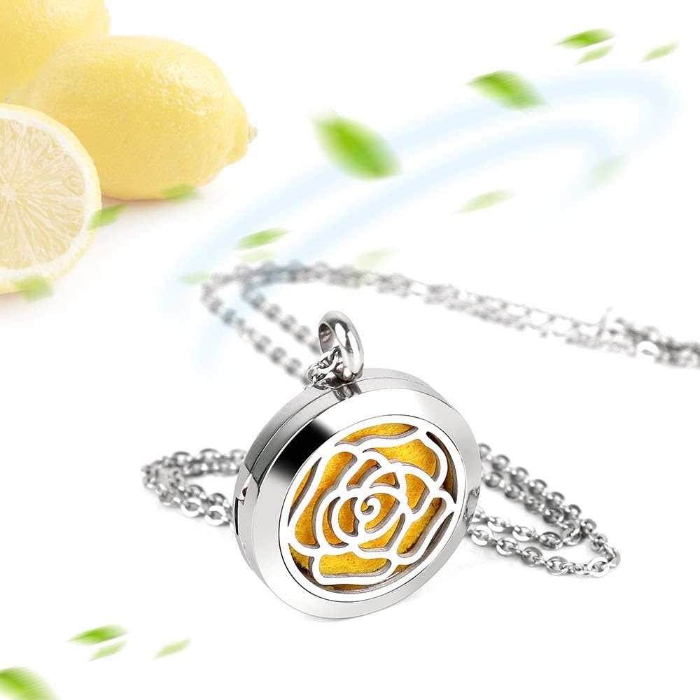 Aromatherapy Essential Oil Diffuser Necklace with Rose Pattern - 25mm Adjustable 316L Stainless Steel Perfume Pendant Locket with 11 Color Refill Pads