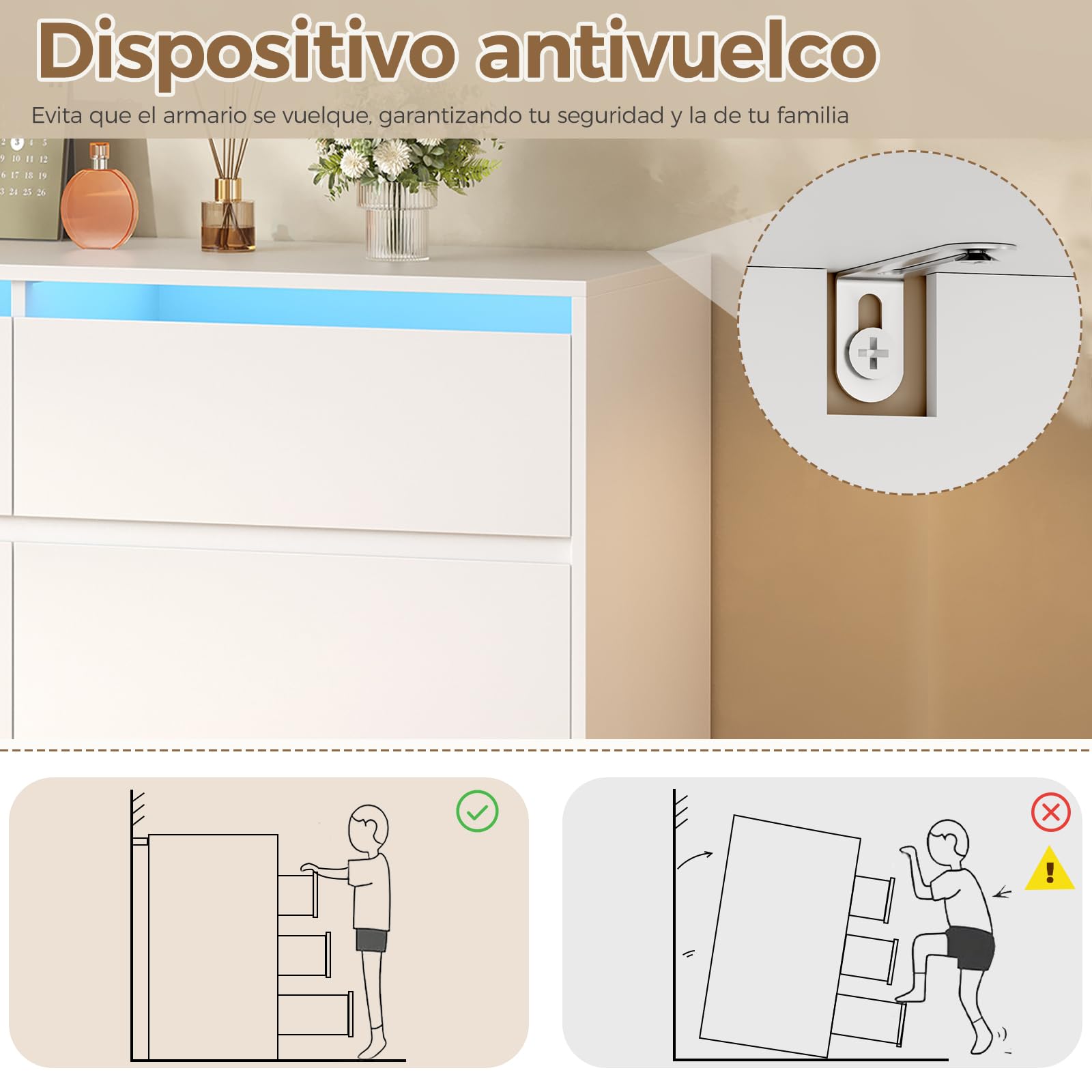 BEWISHOME Comoda Dormitorio con Luces LED,Cajonera Blanca con 6 Cajones | Comodas y Cajoneras,Cómoda Moderno para Pasillo,Salon,Tirador Oculto,40 x 75 x 108 cm EKCG08W